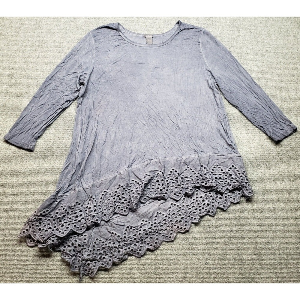 C Oliver Blouse Womens XL Blue Asymmetrical Eyelet Lace Tunic 3/4 Sleeve New